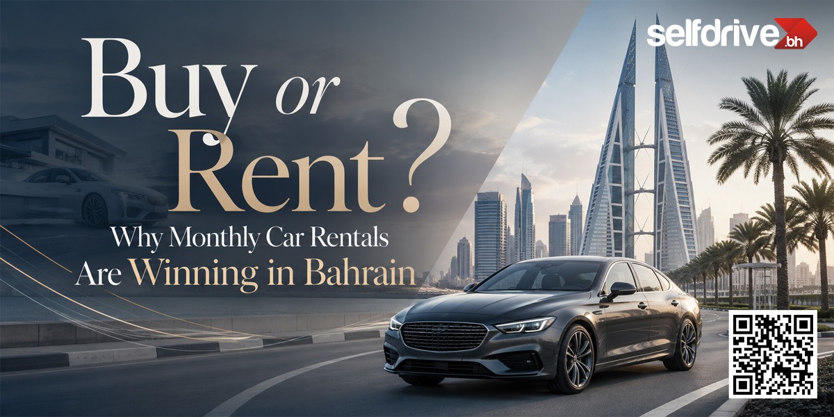 Bahrain in background with buildings, rent or buying car, rental car